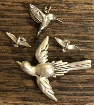 Birds 925 Sterling Silver Vintage Pin Brooch Stud Earrings Humming Bird Pendant