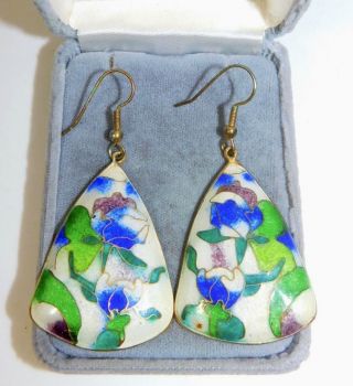 Large Vintage Enamel Cloisonné White Blue Green Flowers Gold Hook Earrings 4g 6