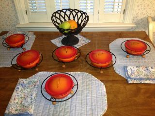 Vintage Orange Fondue Set 6 Bowls W/ Lids,  6 Black Stands,  Forks Mid - Century Mod