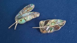 2 X 1960s - 70s Vintage Zealand Sterling Silver & Paua Shell Leaf Brooches