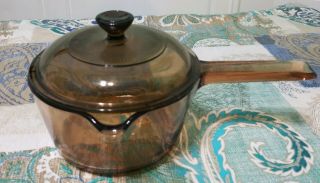 Vintage Corning Vision 1 L Amber Glass Pot Pour Spout Sauce W/ Pyrex Lid