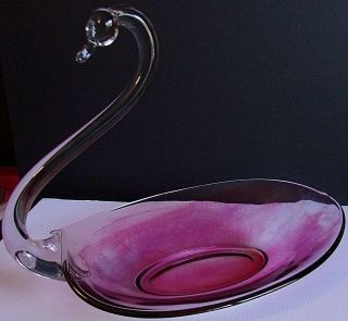 Vintage Duncan Miller Swan Candy Dish Elegant Glass Cranberry Dish 14 1/2 " Long