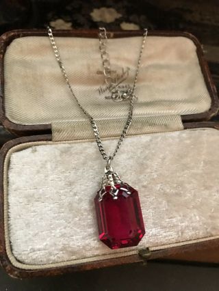 Vintage Jewellery Ruby Red Emerald Cut Crystal Necklace Pendant 18 X 13mm