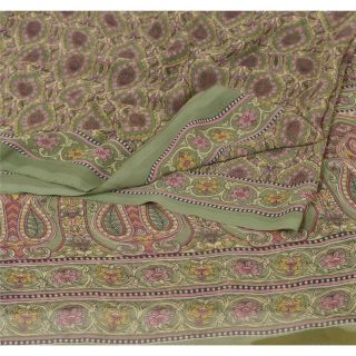 Sanskriti Vintage Green Saree Printed Blend Georgette Sari Craft 5 Yard Fabric