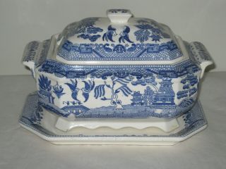 Vintage,  3pc Blue Willow,  Soup Tureen With Lid And Bread Tray