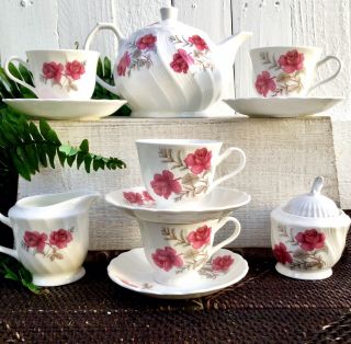 Vintage Bone China 11 Pc.  Tea Set …teapot Tea Cups Creamer Sugar