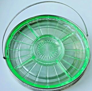 Vintage Uranium Glass Relish Dish Green Divided Silver Plate Serving Basket