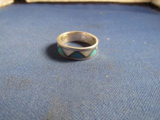 Vintage Sterling Silver Unique Repeating Design Turquoise Mother Of Pearl Ring