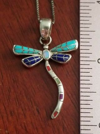 Vintage Gemstone Dragonfly Pendant Turquoise Opal Lapis Sterling Silver Chain