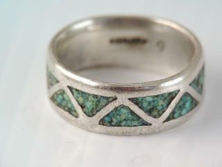 Vintage Zuni Indian Sterling Silver Inlaid Turquoise Stone Wide Band Ring Sz 9
