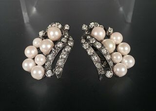 Vintage White Pearl W Clear Rhinestone Silver Clip - On Earrings,  Gift