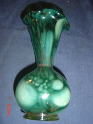 Vintage Art Glass Teal Green Splatter Glass Hand Blown Vase