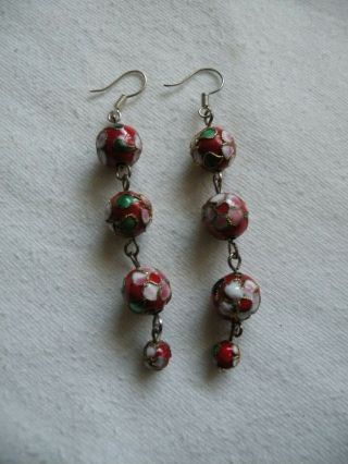 Vintage Chinese Champleve Cloisonne Bead Dangle Drop Earrings