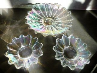 Vintage Iridescent Celestial Federal Glass Set Of 3 Shallow Bowls Plates Dishes