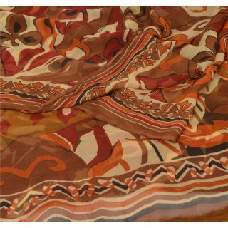 Sanskriti Vintage Brown Saree Pure Chiffon Silk Printed Sari Decor Craft Fabric