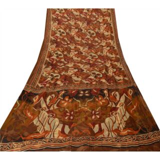 Sanskriti Vintage Brown Saree Pure Chiffon Silk Printed Sari Decor Craft Fabric 3