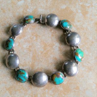 Vintage Cii Mexico 925 Sterling Silver Round Turquoise Link Bracelet