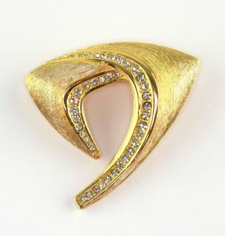 Vtg Couture Christian Dior Modern Abstract Brushed Gold Tone Rhinestone Brooch
