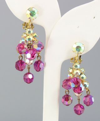 Vintage 50’s Gold Tone & Pink Crystal Glass Clip On Earrings