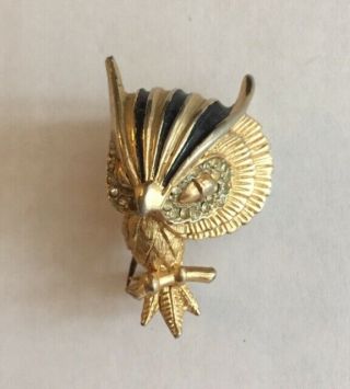 Vtg Owl Pin Textured Gold Tone Clear Rhinestones Black Enamel Numbered