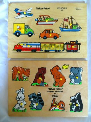 2 Vintage Fisher Price Wood Preschool Puzzles 519 Animal Friends 508 Vehicles