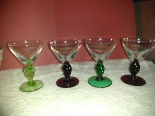 Set Of 4 Vintage Cordial Glasses With Green & Amethyst Swirl Stems Colorful 79