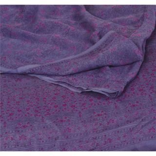 Sanskriti Vintage Purple Saree Pure Chiffon Silk Printed Sari Craft Decor Fabric