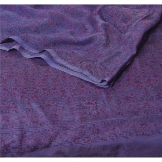 Sanskriti Vintage Purple Saree Pure Chiffon Silk Printed Sari Craft Decor Fabric 2