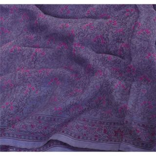 Sanskriti Vintage Purple Saree Pure Chiffon Silk Printed Sari Craft Decor Fabric 5
