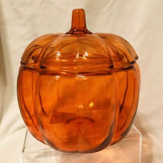 Vintage Anchor Hocking Clear Orange Glass Pumpkin Candy Halloween Cookie Jar