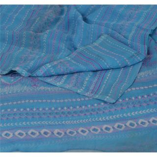 Sanskriti Vintage Blue Saree Pure Chiffon Silk Printed Sari Craft Decor Fabric
