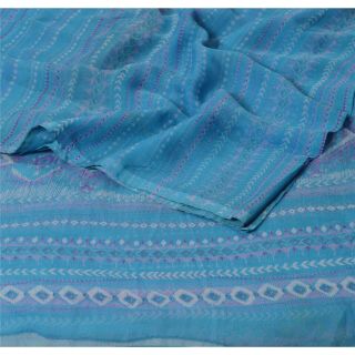 Sanskriti Vintage Blue Saree Pure Chiffon Silk Printed Sari Craft Decor Fabric 2