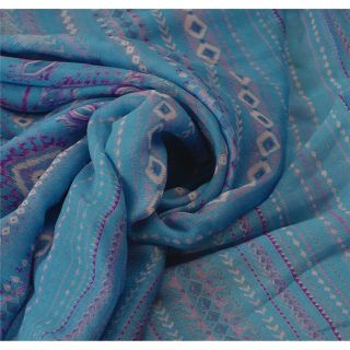 Sanskriti Vintage Blue Saree Pure Chiffon Silk Printed Sari Craft Decor Fabric 4