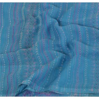 Sanskriti Vintage Blue Saree Pure Chiffon Silk Printed Sari Craft Decor Fabric 5