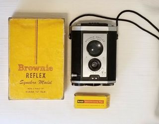 Vintage Kodak Brownie Reflex Synchro Model Camera W/ Box 2 Roll Film