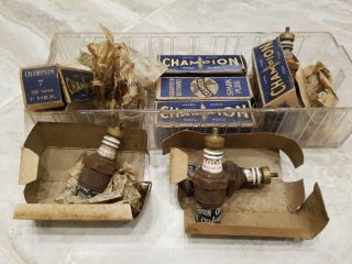 3 Vintage Antique Champion Spark Plugs In Boxes - 7 18 Mm 1 " Hex