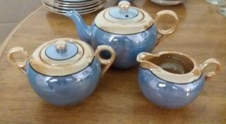 Vintage Lustreware Blue With Gold Orange Teapot,  Creamer And Sugar Bowl Japan