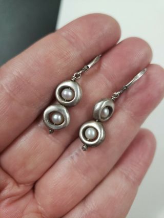 Vintage Sterling Silver Designer Natural Pearls Dangle Earrings 6.  3 G 1.  5 " T