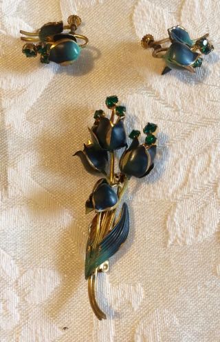 Vintage Brooch & Earrings Set,  Signed Made In Austria,  Enameled W/green Stones