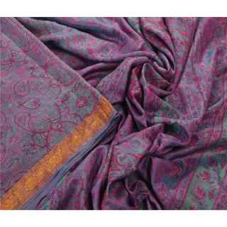 Sanskriti Vintage Blue Saree Pure Silk Printed Sari Craft Decor Soft 5 Yd Fabric