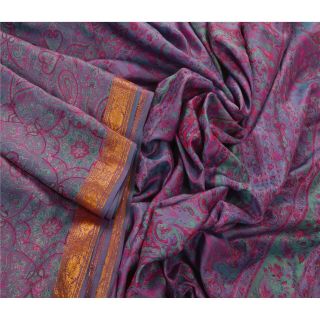 Sanskriti Vintage Blue Saree Pure Silk Printed Sari Craft Decor Soft 5 Yd Fabric 2