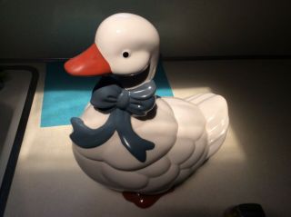 Vintage B&d Ceramic White Goose Duck With Blue Bow Cookie Jar Canister.