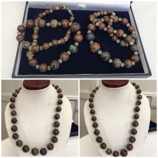 Vintage Jewellery Scottish Moss Agate Polished Stone Beaded Necklaces X2