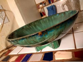 Vintage Fulper Pottery Bowl Gorgeous Green Blue Colors Drip Glaze Cross Foot