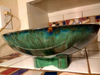 Vintage Fulper Pottery Bowl Gorgeous Green Blue Colors Drip Glaze Cross Foot 2