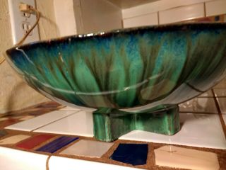 Vintage Fulper Pottery Bowl Gorgeous Green Blue Colors Drip Glaze Cross Foot 3
