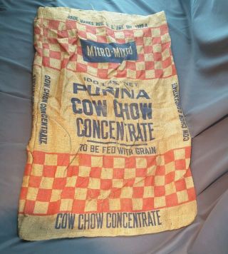 Vtg 100 Purina Cow Chow Concentrate Burlap Advertising Feed Sack Bag 39 " X 25 "