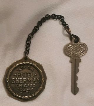 Vintage Hotel Key With Brass Fob From Hotel Sherman In Chicago,  U.  S.  A.