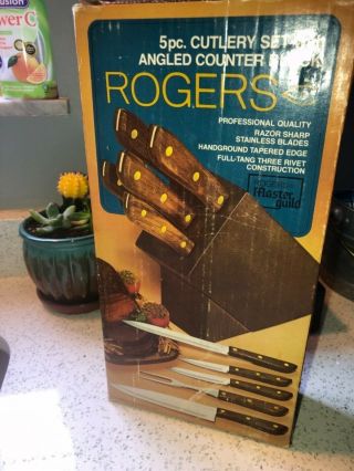 Vtg Rogers Master Guild Professional Cutlery Set Wood Block Knives Stainless