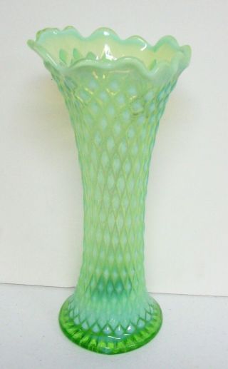 Vintage Fenton Green Opalescent Ruffled Tall Vase